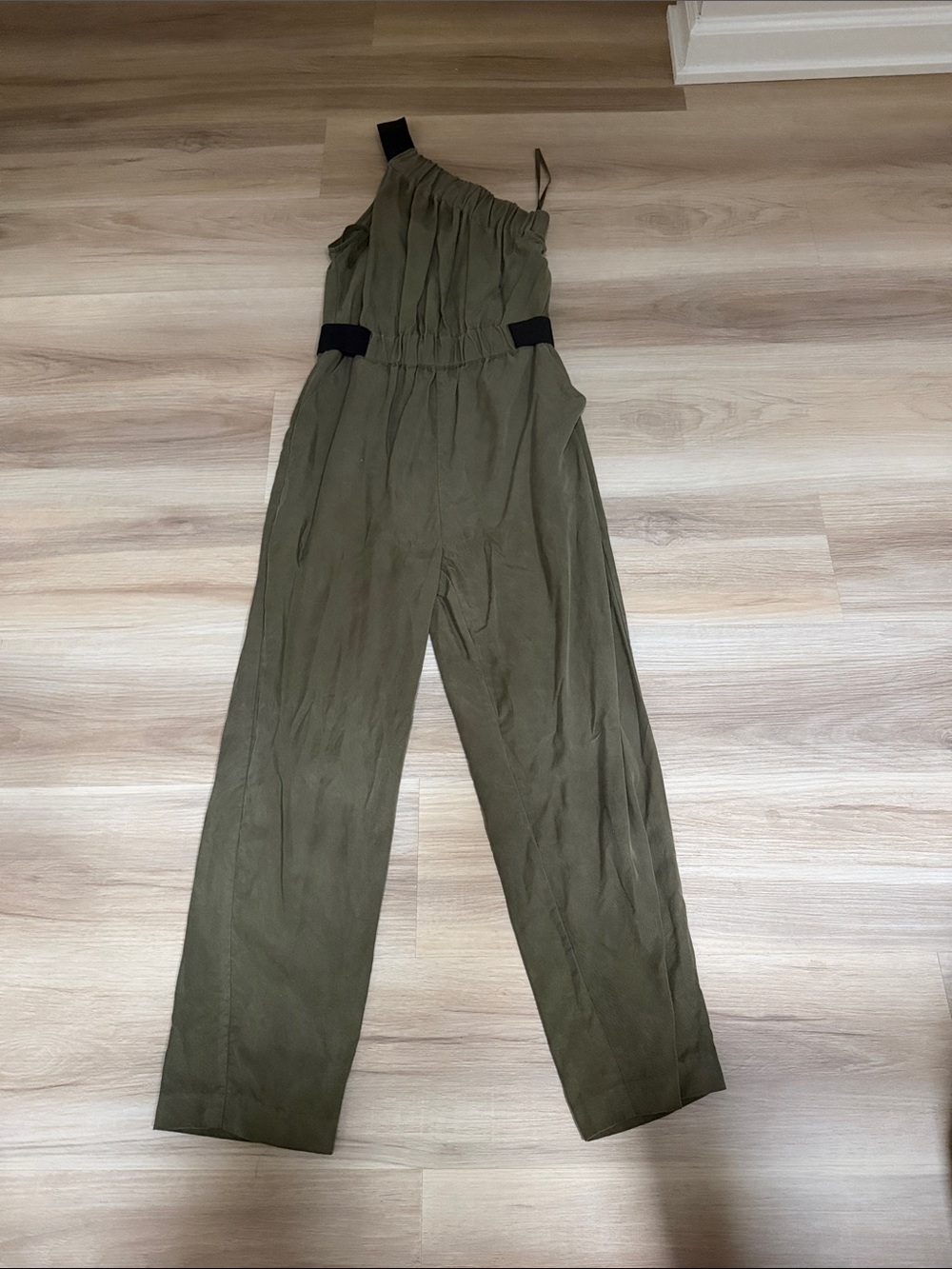 Maeve Olive One-Shoulder Wide-Leg Jumpsuit with Black Strap Accents